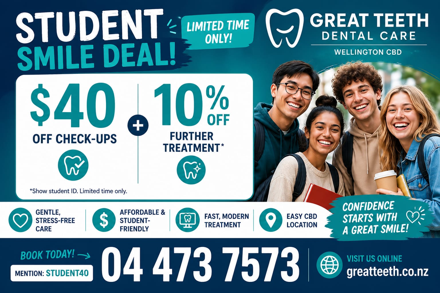 Student discount — $40 check-ups + 10% off treatment